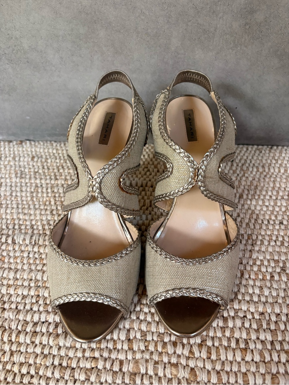 Tahari Natural/Tan Linen Braided Peep-Toe Heels